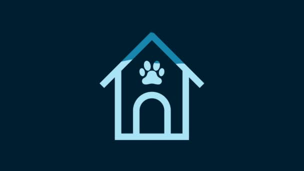 白い犬の家と足の印刷ペットのアイコンは青の背景に隔離された 犬の犬小屋 4Kビデオモーショングラフィックアニメーション — ストック動画