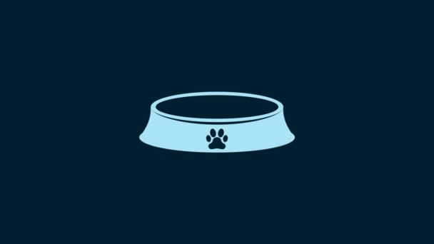 青い背景に隔離された猫や犬のアイコンのための白いペットフードボウル 犬や猫の足のプリント 4Kビデオモーショングラフィックアニメーション — ストック動画
