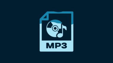 White MP3 file document. Download mp3 button icon isolated on blue background. Mp3 music format sign. MP3 file symbol. 4K Video motion graphic animation.