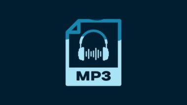 White MP3 file document. Download mp3 button icon isolated on blue background. Mp3 music format sign. MP3 file symbol. 4K Video motion graphic animation.