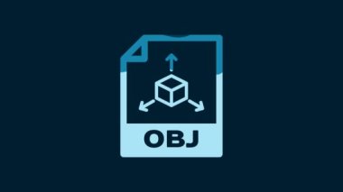 White OBJ file document. Download obj button icon isolated on blue background. OBJ file symbol. 4K Video motion graphic animation.