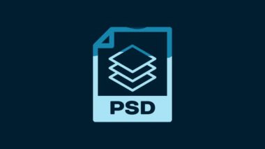 White PSD file document. Download psd button icon isolated on blue background. PSD file symbol. 4K Video motion graphic animation.