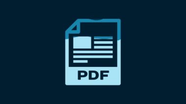 White PDF file document. Download pdf button icon isolated on blue background. PDF file symbol. 4K Video motion graphic animation.