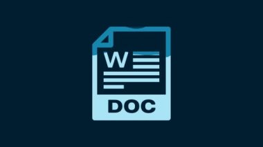 White DOC file document. Download doc button icon isolated on blue background. DOC file extension symbol. 4K Video motion graphic animation.