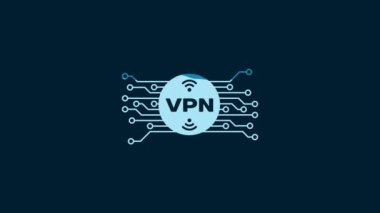 White VPN in circle with microchip circuit icon isolated on blue background. 4K Video motion graphic animation.