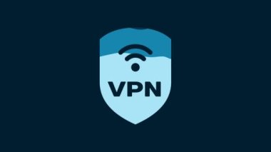 White Shield with VPN and wifi wireless internet network symbol icon isolated on blue background. VPN protect safety concept. 4K Video motion graphic animation.