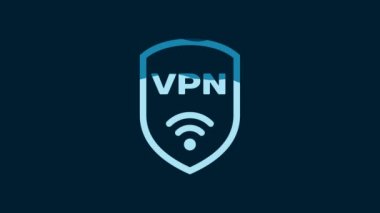 White Shield with VPN and wifi wireless internet network symbol icon isolated on blue background. VPN protect safety concept. 4K Video motion graphic animation.