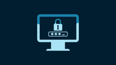 White Monitor with password notification and lock icon isolated on blue background. Security, personal access, user authorization, login form. 4K Video motion graphic animation.