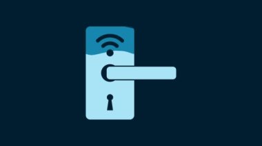 White Digital door lock with wireless technology for unlock icon isolated on blue background. Door handle sign. Security smart home. 4K Video motion graphic animation.