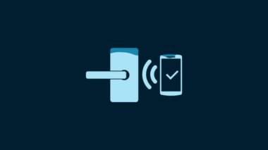 White Digital door lock with wireless technology for unlock icon isolated on blue background. Door handle sign. Security smart home. 4K Video motion graphic animation.