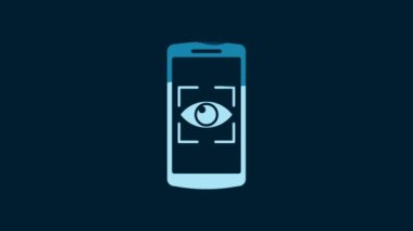 White Mobile phone and eye scan icon isolated on blue background. Scanning eye. Security check symbol. Cyber eye sign. 4K Video motion graphic animation.