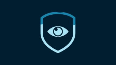 White Shield and eye icon isolated on blue background. Security, safety, protection, privacy concept. 4K Video motion graphic animation.