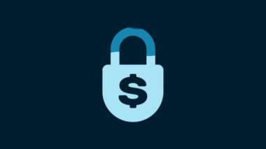 White Money lock icon isolated on blue background. Padlock and dollar symbol. Finance, security, safety, protection, privacy concept. 4K Video motion graphic animation.