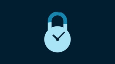 White Padlock with clock icon isolated on blue background. Time control concept. Lock and countdown, deadline, schedule, planning symbol. 4K Video motion graphic animation.