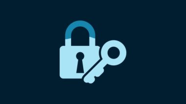 White Lock and key icon isolated on blue background. Padlock sign. Security, safety, protection, privacy concept. 4K Video motion graphic animation.