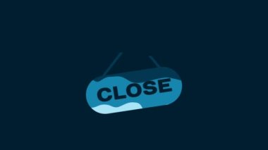 White Hanging sign with text Close icon isolated on blue background. Business theme for cafe or restaurant. 4K Video motion graphic animation.