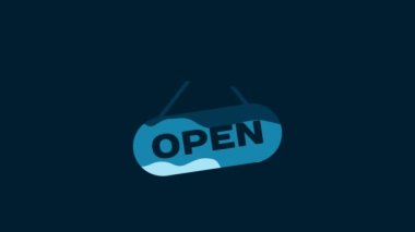 White Hanging sign with text Open door icon isolated on blue background. 4K Video motion graphic animation.