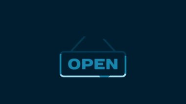 White Hanging sign with text Open door icon isolated on blue background. 4K Video motion graphic animation.