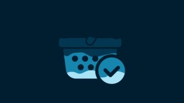 White Shopping basket with check mark icon isolated on blue background. Supermarket basket with approved, confirm, tick, completed symbol. 4K Video motion graphic animation.