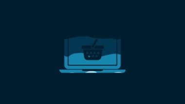 White Shopping basket on screen laptop icon isolated on blue background. Concept e-commerce, e-business, online business marketing. 4K Video motion graphic animation.