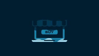 White Online shopping concept. Buy on screen laptop icon isolated on blue background. Concept e-commerce, online business marketing. 4K Video motion graphic animation.