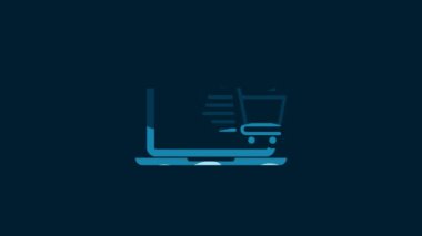 White Shopping cart on screen laptop icon isolated on blue background. Concept e-commerce, e-business, online business marketing. 4K Video motion graphic animation.