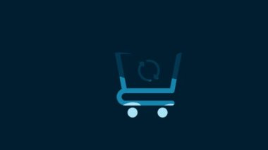 White Refresh shopping cart icon isolated on blue background. Online buying concept. Delivery service sign. Update supermarket basket symbol. 4K Video motion graphic animation.
