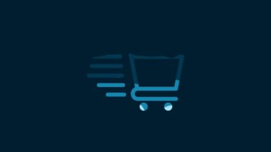 White Shopping cart icon isolated on blue background. Online buying concept. Delivery service sign. Supermarket basket symbol. 4K Video motion graphic animation.