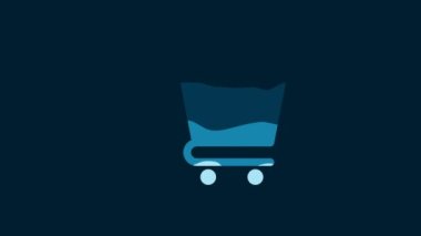 White Shopping cart icon isolated on blue background. Online buying concept. Delivery service sign. Supermarket basket symbol. 4K Video motion graphic animation.