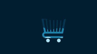 White Shopping cart icon isolated on blue background. Online buying concept. Delivery service sign. Supermarket basket symbol. 4K Video motion graphic animation.
