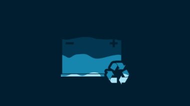 White Car battery with recycle icon isolated on blue background. Accumulator battery energy power and electricity accumulator battery. 4K Video motion graphic animation.