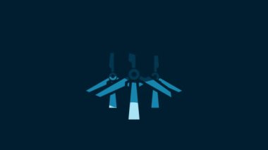 White Wind turbines icon isolated on blue background. Wind generator sign. Windmill silhouette. Windmills for electric power production. 4K Video motion graphic animation.