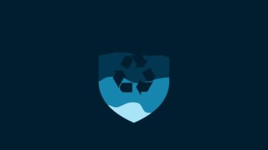 White Recycle symbol inside shield icon isolated on blue background. Eco protection sign. 4K Video motion graphic animation.