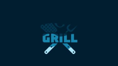 White Crossed fork and spatula icon isolated on blue background. Fire flame sign. BBQ fork and spatula sign. Barbecue and grill tools. 4K Video motion graphic animation.