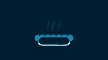 White Hotdog sandwich with mustard icon isolated on blue background. Sausage icon. Fast food sign. 4K Video motion graphic animation.