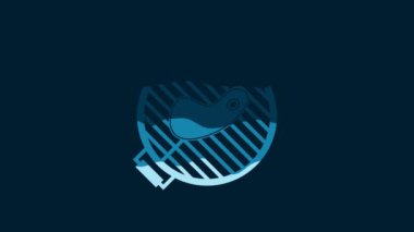 White Barbecue grill with steak icon isolated on blue background. BBQ grill party. 4K Video motion graphic animation.