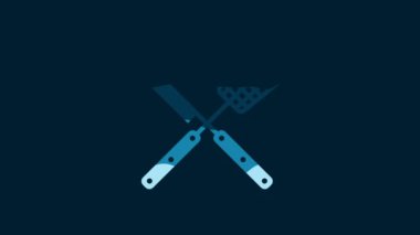 White Crossed knife and spatula icon isolated on blue background. BBQ knife and spatula sign. Barbecue and grill tools. 4K Video motion graphic animation.
