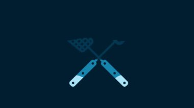 White Crossed fork and spatula icon isolated on blue background. BBQ fork and spatula sign. Barbecue and grill tools. 4K Video motion graphic animation.