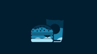 White Coffee and burger icon isolated on blue background. Fast food symbol. 4K Video motion graphic animation.