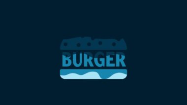 White Burger icon isolated on blue background. Hamburger icon. Cheeseburger sandwich sign. 4K Video motion graphic animation.