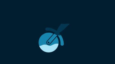 White Pizza knife icon isolated on blue background. Pizza cutter sign. Steel kitchenware equipment. 4K Video motion graphic animation.
