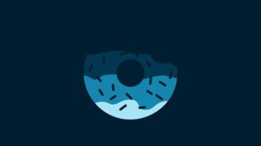 White Donut with sweet glaze icon isolated on blue background. 4K Video motion graphic animation.