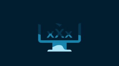 White Computer monitor with 18 plus content heart icon isolated on blue background. Age restriction symbol. Sex content sign. Adult channel. 4K Video motion graphic animation.