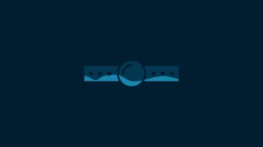 White Silicone ball gag with a leather belt icon isolated on blue background. Fetish accessory. Sex toy for men and woman. 4K Video motion graphic animation.