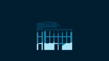 White Mall or supermarket building with shopping cart icon isolated on blue background. Shop or store. 4K Video motion graphic animation.