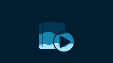 White Audio book icon isolated on blue background. Play button and book. Audio guide sign. Online learning concept. 4K Video motion graphic animation.