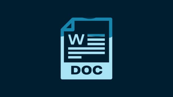 ホワイトDocファイル文書 青色の背景に隔離されたドキュメントボタンアイコンをダウンロードします Docファイル拡張子記号 4Kビデオモーショングラフィックアニメーション — ストック動画