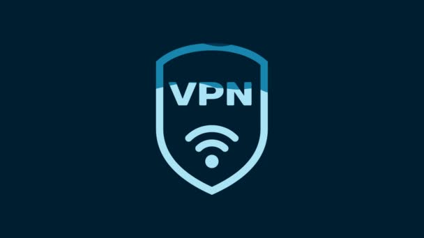 Vpnと青の背景に隔離された無線インターネットネットワークシンボルアイコンとホワイトシールド Vpnは安全コンセプトを保護します 4Kビデオモーショングラフィックアニメーション — ストック動画