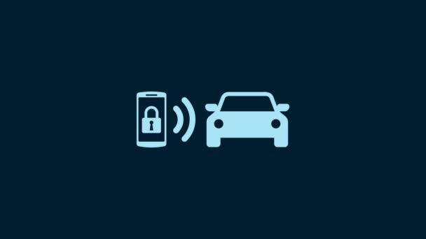 白色智能汽车报警系统图标隔离在蓝色背景 智能手机在无线上控制着汽车的安全性 4K视频运动图形动画 — 图库视频影像