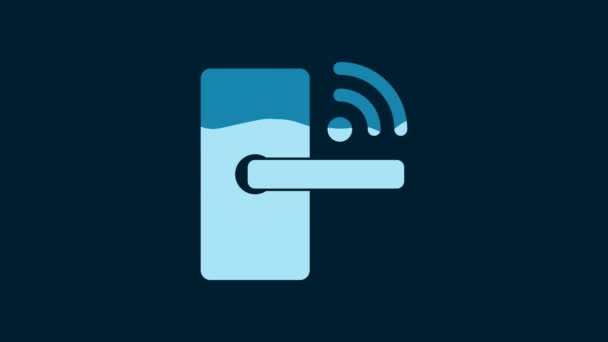 白色数字门锁与无线技术解锁图标隔离蓝色背景 门把手的标志 安全聪明的家 4K视频运动图形动画 — 图库视频影像